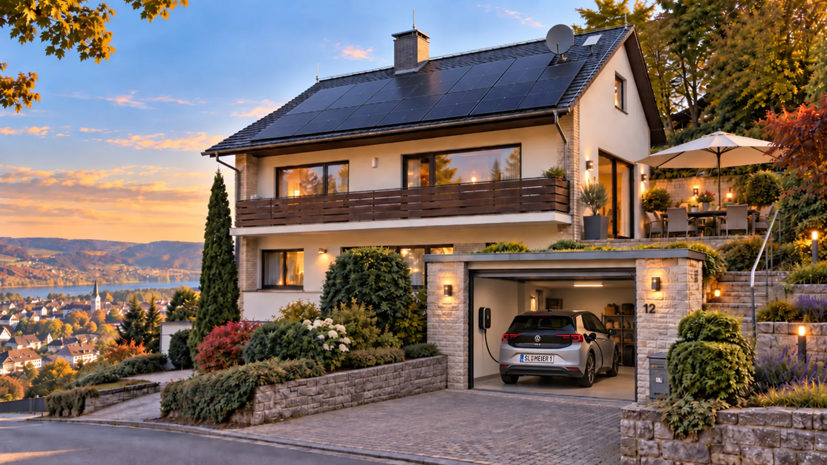 Visualisierung des Hauses der Familie Meier nach der Sanierung: Photovoltaik am Dach, anthrazitfarbene Sat-Schüssel, Starlink-Antenne und Wallbox in der geöffneten Garage mit ladendem Elektroauto